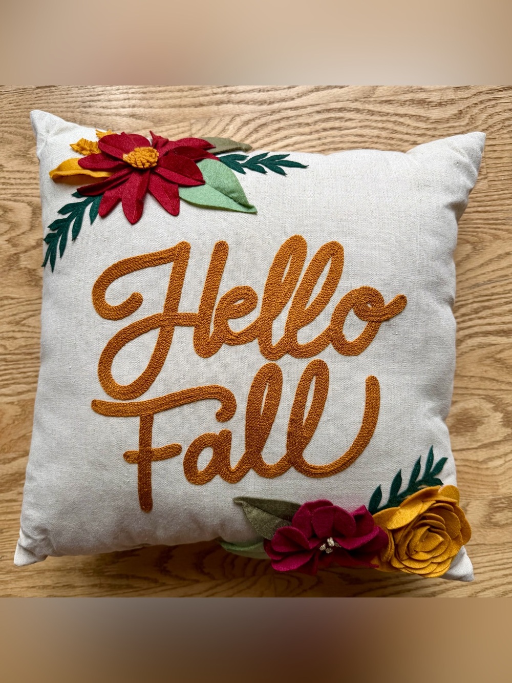 Hello Fall Decorative Pillow - Ivory with Rust Script and Autumn Floral